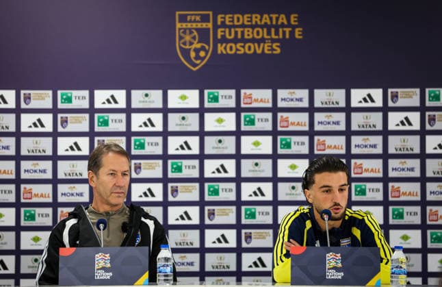 Kosovo Squad Training & press conference, PK, Pressekonferenz Fadil Vokrri Stadium, Pristina, Kosovo 23 9 2026 Manager Franco Foda and Leon Avdullahu Franco Foda and Leon Avdullahu 23 9 2026  Copyright: xx RB2_0453