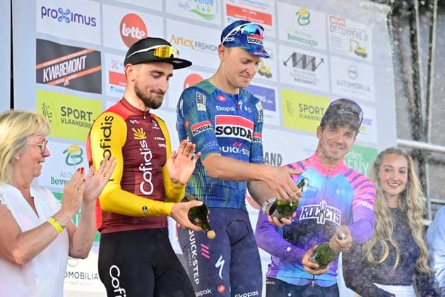 Omloop van het Houtland 2026 Cycling Race LICHTERVELDE, BELGIUM - SEPTEMBER 23 : Aniolkowski Stanislaw (POL) of Cofidis, Merlier Tim (BEL) of Soudal Quick-Step and Groenewegen Dylan (NED) of Unibet Rose Rockets pictured during the podium ceremony of the 80th edition of Omloop van het Houtland an UCI Class 1.1 one day cycling road race for Men Elite of 190 km with start in Zedelgem and finish in Lichtervelde on September 23, 2026 in Lichtervelde, Belgium, 23 09 2026 Lichtervelde Belgium  Copyright: xJanxDexMeuleneirx