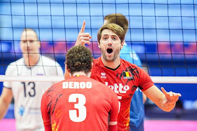 Belgium s Simon Plaskie celebrates after scoring during the quarter final match of the CEV Enel Eurovolley 2026, between Belgium and Slovenia, at the Palavela in Turin, north west Italy - Wednesday, September 23, 2026. .  Copyright: xMarcoxAlpozzi LaPressex