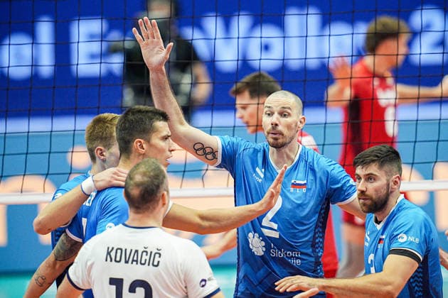 team slovenia celebrate during the quarter final match of the CEV Enel Eurovolley 2026, between Belgium and Slovenia, at the Palavela in Turin, north west Italy - Wednesday, September 23, 2026. .  Copyright: xMarcoxAlpozzi LaPressex