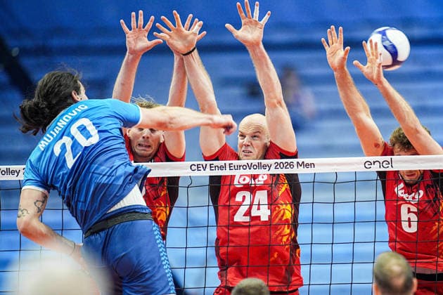 Slovenia s Nik Mujanovic, Belgium s Ferre Reggers, Belgium s Martijn Colson and Belgium s Simon Plaskie in action during the quarter final match of the CEV Enel Eurovolley 2026, between Belgium and Slovenia, at the Palavela in Turin, north west Italy - Wednesday, September 23, 2026. .  Copyright: xMarcoxAlpozzi LaPressex
