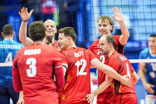 Team Belgium celebrate during the quarter final match of the CEV Enel Eurovolley 2026, between Belgium and Slovenia, at the Palavela in Turin, north west Italy - Wednesday, September 23, 2026. .  Copyright: xMarcoxAlpozzi LaPressex