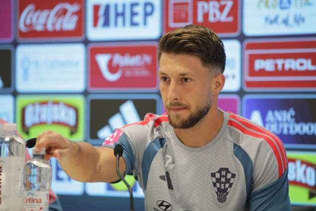 Croatia National Football Team: Press and Training Session Marco Pasalic of Croatia on a press conferenfce of Croatia national football team at HNK Rijeka stadium on September 23, 2026 in Rijeka, Croatia.  GoranxKovacic PIXSELL