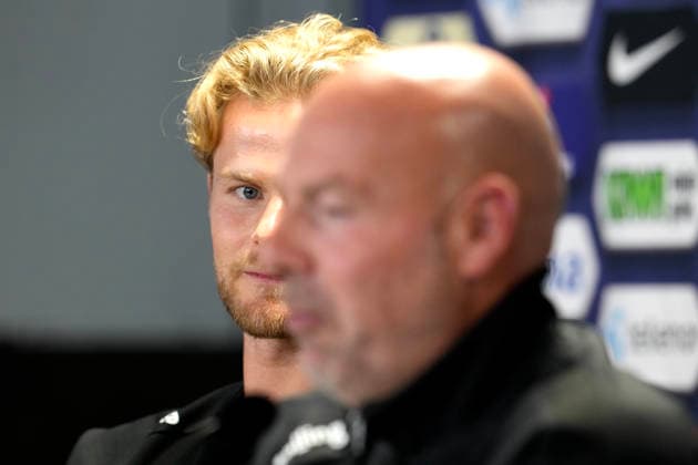 Norway Denmark Nations League Oslo 20260923 Press conference with Denmark s national team coach Brian Riemer and Morten Hjulmand at Ullevaal Stadium on the day of the international soccer match between Norway and Denmark, to be played on Thursday, September 24. Photo: Cornelius Poppe, NTB, Oslo, Norway. EDEDITORIAL USE ONLY RESTRICTED USE FOR BETTING COMPANIES  Copyright: xCorneliusxPoppex xNTBx