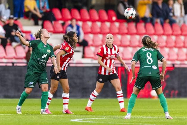 EINDHOVEN , 23-09-2026 , Ten Cate stadium De Herdgang , season 2026 2027 , UEFA Women™s Europa Cup , football , match between PSV and Fortuna Hjorring , picture shows PSV player Rosalie Renfurm , Fortuna Hjorring player Sarah Hansen PSV - Fortuna Hjorring  x207462854x Copyright: