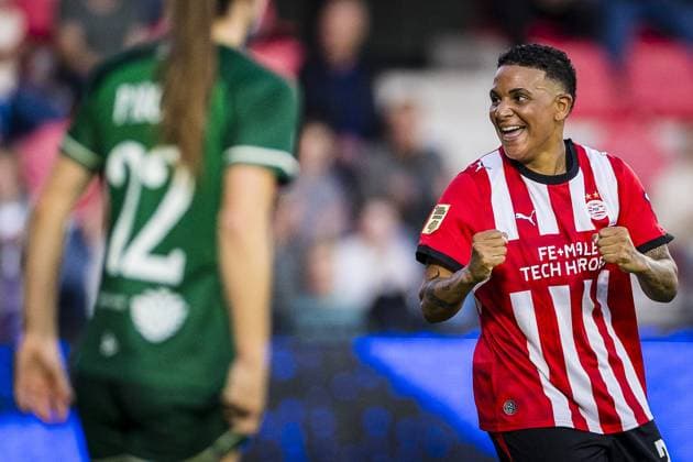 EINDHOVEN , 23-09-2026 , Ten Cate stadium De Herdgang , season 2026 2027 , UEFA Women™s Europa Cup , football , match between PSV and Fortuna Hjorring , picture shows PSV player Shanice van de Sanden celebrating the goal.but is off side PSV - Fortuna Hjorring  x207462989x Copyright: