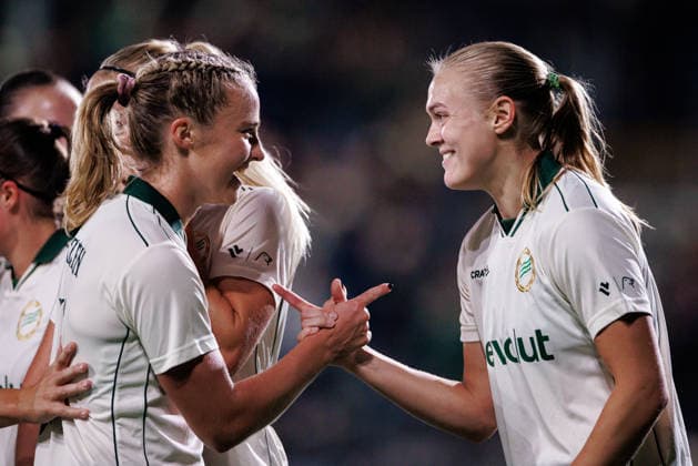 260923 Mathilde Janzen and Elin Sorum of Hammarby celebrate after 1-0 during the UEFA Women s Europa Cup football match between Hammarby and Rangers FC on September 23, 2026 in Stockholm. Photo: Kenta Jönsson BILDBYRAN COP 210 KJ0378 fotboll football soccer fotball europa cup hammarby rangers fc uefa womens europa cup dam bbeng jubel Copyright: KENTAxJÖNSSON BB260923KJ020