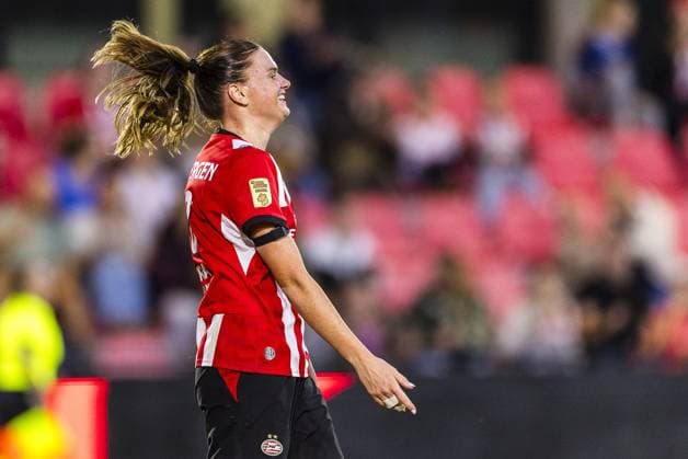 EINDHOVEN , 23-09-2026 , TenCate stadium De Herdgang , season 2026 2027 , UEFA Women™s Europa Cup , football , match between PSV and Fortuna Hjorring , picture shows PSV player Liz Rijsbergen celebrating the goal. 1-0. PSV - Fortuna Hjorring  x207463209x Copyright: