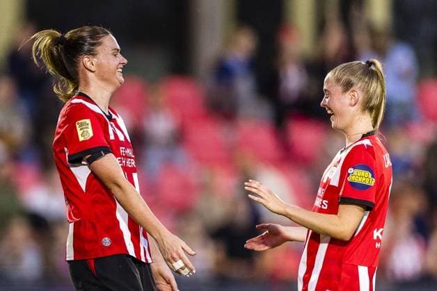 EINDHOVEN , 23-09-2026 , TenCate stadium De Herdgang , season 2026 2027 , UEFA Women™s Europa Cup , football , match between PSV and Fortuna Hjorring , picture shows PSV player Liz Rijsbergen celebrating the goal. 1-0. PSV - Fortuna Hjorring  x207463210x Copyright: