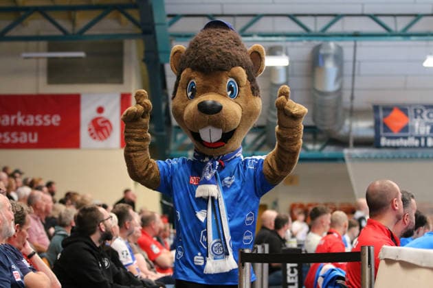 23.09.2026 Handball Herren 2026 2027 DHB-Pokal 2. Runde Dessau-Roßlauer HV 06 - VfL Gummersbach Anhalt Arena Dessau Bobby Biber sorgt für Stimmung in der Halle. Dessau-Roßlau Sachsen-Anhalt Deutschland
