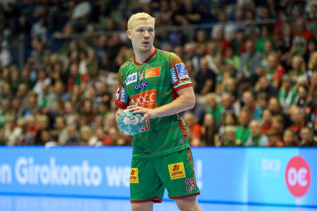 23.09.2026, xgox, Handball - DHB Pokal 2. Runde SC Magdeburg - HSG Wetzlar emspor, v.l. Magnus Saugstrup (Magdeburg, 23) am Ball, plays the ball Magdeburg
