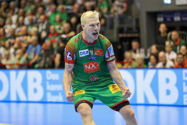 23.09.2026, xgox, Handball - DHB Pokal 2. Runde SC Magdeburg - HSG Wetzlar emspor, v.l. Magnus Saugstrup (Magdeburg, 23) jubel, Torjubel, jubelt ueber das Tor, celebrate the goal, celebration Magdeburg