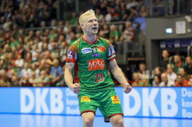 23.09.2026, xgox, Handball - DHB Pokal 2. Runde SC Magdeburg - HSG Wetzlar emspor, v.l. Magnus Saugstrup (Magdeburg, 23) jubel, Torjubel, jubelt ueber das Tor, celebrate the goal, celebration Magdeburg