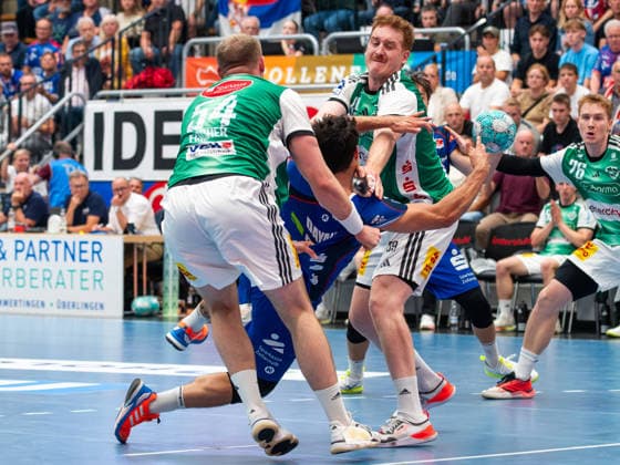 Justus Fischer (TSV Hannover-Burgdorf 54), Yonatan Dayan (HBW Balingen-Weilstetten 34), Lukas Stutzke (TSV Hannover-Burgdorf 39), HBW Balingen-Weilstetten vs. TSV Hannover-Burgdorf, Handball, DHB-Pokal, 2. Runde, Saison 2026 2027, 23.09.2026, HBW Balingen-Weilstetten vs. TSV Hannover-Burgdorf, Handball, DHB-Pokal, 2. Runde, Saison 2026 2027, 23.09.2026 Balingen Copyright: xEibner-Pressefoto FlorianxSchustx EP_FSU