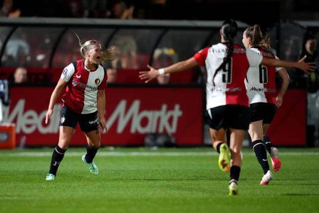 UEFA Women s Europa Cup: Feyenoord Rotterdam V1 v Valerenga Fotball Woman Woman Rotterdam - Kirsten van de Westeringh of Feyenoord Rotterdam V1 celebrates scoring her team s third goal (3-1) during the second qualifying round 1st leg competition round of the 2026 2027 UEFA Women s Europa Cup season. The match is set between Feyenoord Rotterdam V1 and Valerenga Fotball Woman at Varkenoord on 23 September 2026 in Rotterdam, Netherlands (Hero Images Danny de Groot) Copyright: xDannyxdexGrootx