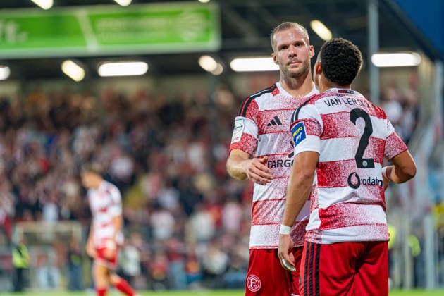 Torjubel von Eric Hottmann (Fortuna Düsseldorf, 09) nach dem 2:0 mit Steven van der Sloot (Fortuna Düsseldorf, 02) Fortuna Duesseldorf vs. Schwarz-Weiss Alstaden, Fussball, Niederrheinpokal, 2.Runde, Saison 2026 27, 23.09.2026, DFL REGULATIONS PROHIBIT ANY USE OF PHOTOGRAPHS AS IMAGE SEQUENCES AND OR QUASI-VIDEO, Fortuna Duesseldorf vs. Schwarz-Weiss Alstaden, Fussball, Niederrheinpokal, 2.Runde, Saison 2026 27, 23.09.2026 Düsseldorf Copyright: xEibner-Pressefoto LukasxBaldygax EP_LBA