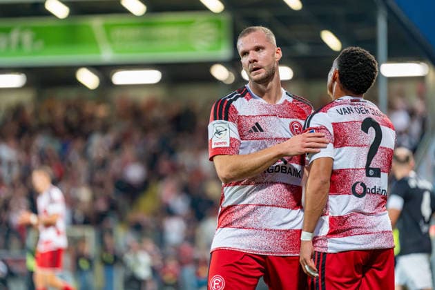 Torjubel von Eric Hottmann (Fortuna Düsseldorf, 09) nach dem 2:0 mit Steven van der Sloot (Fortuna Düsseldorf, 02) Fortuna Duesseldorf vs. Schwarz-Weiss Alstaden, Fussball, Niederrheinpokal, 2.Runde, Saison 2026 27, 23.09.2026, DFL REGULATIONS PROHIBIT ANY USE OF PHOTOGRAPHS AS IMAGE SEQUENCES AND OR QUASI-VIDEO, Fortuna Duesseldorf vs. Schwarz-Weiss Alstaden, Fussball, Niederrheinpokal, 2.Runde, Saison 2026 27, 23.09.2026 Düsseldorf Copyright: xEibner-Pressefoto LukasxBaldygax EP_LBA