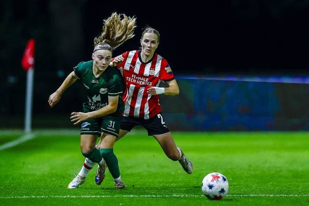 EINDHOVEN , 23-09-2026 , Ten Cate stadium De Herdgang , season 2026 2027 , UEFA Women™s Europa Cup , football , match between PSV and Fortuna Hjorring , picture shows PSV player Sara Thrige , Fortuna Hjorring player Olivia Krogsgaard Mikkelsen PSV - Fortuna Hjorring  x207464899x Copyright: