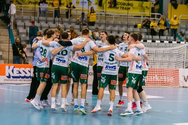 Freude bei Göppingen Handball, DHB-Pokal der Maenner, Saison 2026 2027, 2. Runde, HSC 2000 Coburg vs.FRISCH AUF Goeppingen, am 23.09.2026 in der HUK-COBURG arena in Coburg, Deutschland. Editorial use only. Handball, DHB-Pokal 2026 2027, HSC 2000 Coburg - FRISCH AUF Goeppingen Coburg Copyright: xEibner-Pressefotox EP_