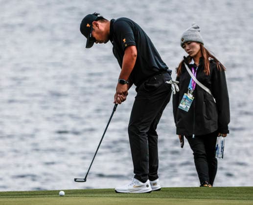 International team member Ryo Hisatsune of Japan putts on the sixteenth green during practice for the Presidents Cup golf tournament at Medinah Country Club in Medinah, Illinois on Wednesday, September 23, 2026. Competition between the USA and the International team begins on Thursday, September 24 with Four-Ball play.  MED20260923809 TANNENxMAURY