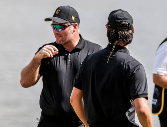 International team member Ryan Fox of New Zealand (L) and International team member Min Woo Lee of Australia (R) talk on the sixteenth green during practice for the Presidents Cup golf tournament at Medinah Country Club in Medinah, Illinois on Wednesday, September 23, 2026. Competition between the USA and the International team begins on Thursday, September 24 with Four-Ball play.  MED20260923811 TANNENxMAURY