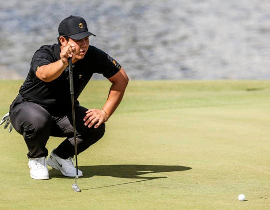 International team member Tom Kim of South Korea lines up a putt on the sixteenth green during practice for the Presidents Cup golf tournament at Medinah Country Club in Medinah, Illinois on Wednesday, September 23, 2026. Competition between the USA and the International team begins on Thursday, September 24 with Four-Ball play.  MED20260923814 TANNENxMAURY