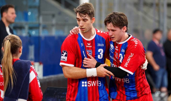 23.09.2026, Deutschland, Bietigheim, Handball DHB-Pokal, Saison 2026 2027 SG BBM Bietigheim vs. GWD Minden, v.l. Nikola Vlahovic (BBM), Maxim Orlov (BBM)