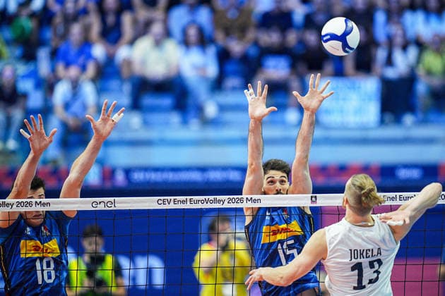 Italy™s Giovanni Sanguinetti, Italy™s Gianluca Galassi and Finland s Joonas Jokela in action during the quarter final match of the CEV Enel Eurovolley 2026, between Italy and Finland, at the Palavela in Turin, north west Italy - Wednesday, September 23, 2026. .  Copyright: xMarcoxAlpozzi LaPressex