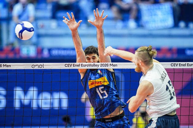 Italy™s Daniele Lavia and Finland s Joonas Jokela in action during the quarter final match of the CEV Enel Eurovolley 2026, between Italy and Finland, at the Palavela in Turin, north west Italy - Wednesday, September 23, 2026. .  Copyright: xMarcoxAlpozzi LaPressex