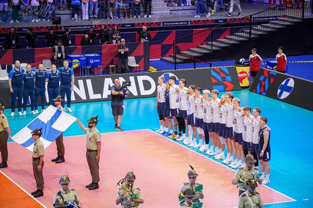 Team Finland during the quarter final match of the CEV Enel Eurovolley 2026, between Italy and Finland, at the Palavela in Turin, north west Italy - Wednesday, September 23, 2026. .  Copyright: xMarcoxAlpozzi LaPressex