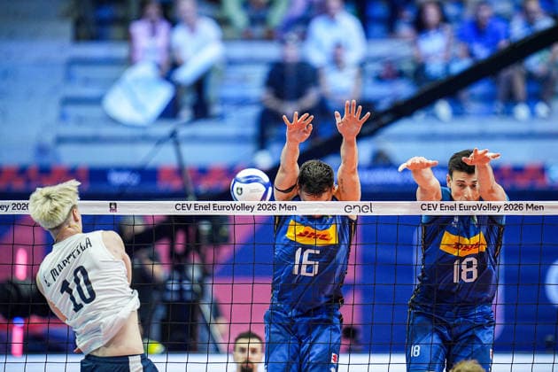 Finland s Luka Marttila, Italy™s Yuri Romano and Italy™s Giovanni Sanguinetti in action during the quarter final match of the CEV Enel Eurovolley 2026, between Italy and Finland, at the Palavela in Turin, north west Italy - Wednesday, September 23, 2026. .  Copyright: xMarcoxAlpozzi LaPressex