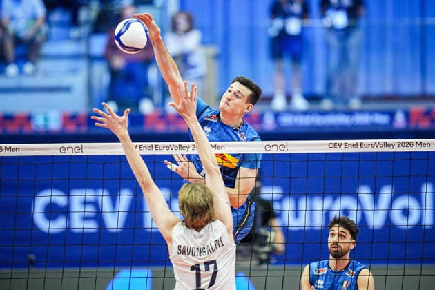 Italy™s Giovanni Sanguinetti and Finland s Severi Savonsalmi in action during the quarter final match of the CEV Enel Eurovolley 2026, between Italy and Finland, at the Palavela in Turin, north west Italy - Wednesday, September 23, 2026. .  Copyright: xMarcoxAlpozzi LaPressex