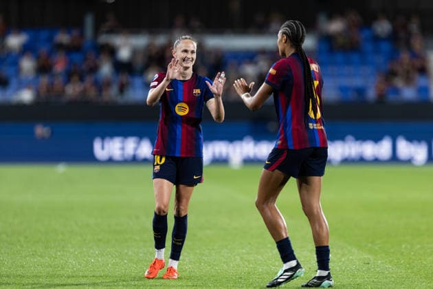 September 23, 2026, Sant Joan Despo, Catalonia, Spain: Caroline Graham Hansen and his teammates of FC Barcelona, Barca celebrate a goal during the UEFA WomenÃ¢â‚¬â ¢s Champions League Matchday 1 match between FC Barcelona and Paris FC at Estadi Johan Cruyff in Sant Joan DespoÂ­, Barcelona, Spain. Sant Joan Despo Spain - ZUMAs316 20260923_znp_s316_060 Copyright: xMartixSeguraxRamonedax