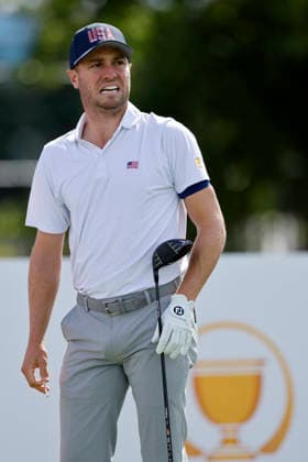 MEDINAH, IL - SEPTEMBER 23: Justin Thomas of the United States looks on after hitting a drive at the third hole prior to the Presidents Cup 2026 on September 23, 2026 at Medinah Country Club in Medinah, Illinois. (Photo by Joe Robbins Icon Sportswire) GOLF: SEP 23 Presidents Cup EDITORIAL USE ONLY Icon573260923010
