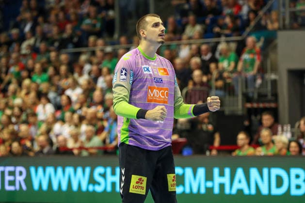 23.09.2026, xgox, Handball - DHB Pokal 2. Runde SC Magdeburg - HSG Wetzlar emspor, v.l. Matej Mandic (Magdeburg, 12) Jubelt ueber gehaltenen Ball, abgewehrt, gehalten, Torhueter Magdeburg