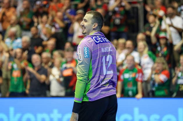 23.09.2026, xgox, Handball - DHB Pokal 2. Runde SC Magdeburg - HSG Wetzlar emspor, v.l. Matej Mandic (Magdeburg, 12) Jubelt ueber gehaltenen Ball, abgewehrt, gehalten, Torhueter Magdeburg