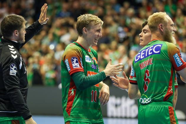 23.09.2026, xgox, Handball - DHB Pokal 2. Runde SC Magdeburg - HSG Wetzlar emspor, v.l. Gisli Thorgeir Kristjansson (Magdeburg, 10) Jubel ueber den Sieg, Jubel nach Spielende Magdeburg
