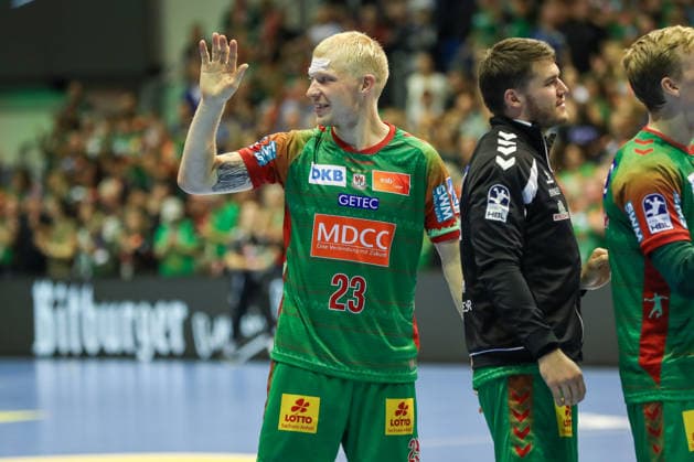 23.09.2026, xgox, Handball - DHB Pokal 2. Runde SC Magdeburg - HSG Wetzlar emspor, v.l. Magnus Saugstrup (Magdeburg, 23) Jubel ueber den Sieg, Jubel nach Spielende Magdeburg