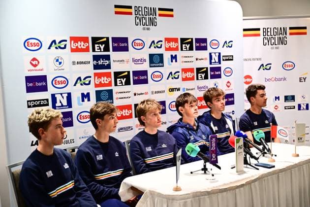 UCI 2026 Road World Championship, WM, Weltmeisterschaft Montreal 23 09 2026 MONTREAL, CANADA - SEPTEMBER 23 : Bolle Bert, Driesen Niels, Schoofs Jasper, Soenens Viktor, Vanhuffel Matteo and Van Kerckhove Matisse pictured during a press conference, PK, Pressekonferenz at the 2026 UCI Road World Championships in Montreal on September 23, 2026 in Montreal, Canada, 23 09 2026 Montreal Canada Copyright: xPeterxDexVoechtx