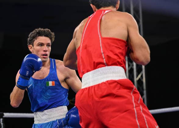 2026 European Boxing Elite Championships In Sofia SOFIA, BULGARIA - SEPTEMBER 23: Jon McConnell (Blue) of Ireland against Nabi Isgandarov (Red) of Azerbaijan during their Elite Men s 71kg Semifinal match on Day 7 of the 2026 European Boxing Elite Championships at the Asics Arena Sports Hall in Sofia, Bulgaria, on September 23, 2026. Sofia Bulgaria  Copyright: xArturxWidakx originalFilename:widak-2026euro260923_npkP5.jpg