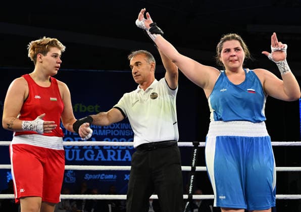 2026 European Boxing Elite Championships In Sofia SOFIA, BULGARIA - SEPTEMBER 23: The referee raises the hand of Ksenia Olifirenko (Blue) of Russia as she is declared the winner by decision over Zsofia Szira (Red) of Hungary following their Elite Women s +81kg match on Day 7 of the 2026 European Boxing Elite Championships at the Asics Arena Sports Hall in Sofia, Bulgaria, on September 23, 2026. Sofia Bulgaria  Copyright: xArturxWidakx originalFilename:widak-2026euro260923_npXLU.jpg