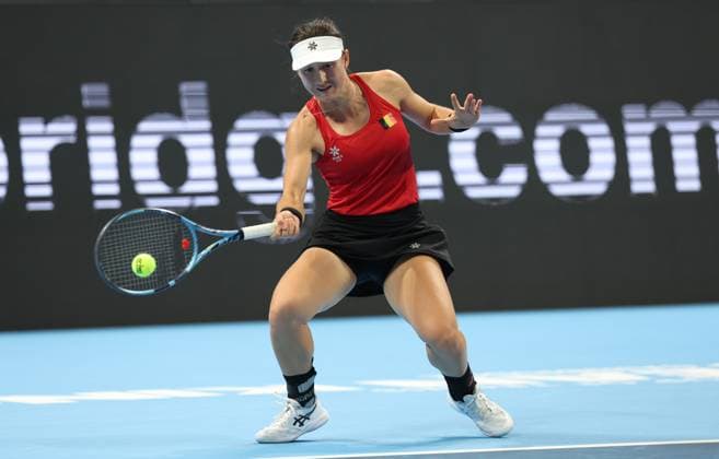 Belgian Jana Otzipka pictured during a tennis match between Ukrainian Kalinina and Belgian Otzipka, the first rubber in the tie between Belgium and Ukraine in the Quarter Finals of the Billie King Cup tournament, on Thursday 24 September 2026 in Shenzhen, China. VIRGINIExLEFOUR  x187638269x
