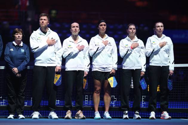 Ukrainian team pictured before a tennis match between Ukrainian Kalinina and Belgian Otzipka, the first rubber in the tie between Belgium and Ukraine in the Quarter Finals of the Billie King Cup tournament, on Thursday 24 September 2026 in Shenzhen, China. VIRGINIExLEFOUR  x187638133x