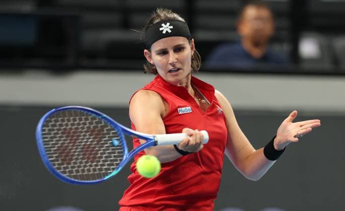 Belgian Greet Minnen pictured in action during a tennis match between Ukrainian Svitolina and Belgian Minnnen, the second rubber in the tie between Belgium and Ukraine in the Quarter Finals of the Billie King Cup tournament, on Thursday 24 September 2026 in Shenzhen, China. VIRGINIExLEFOUR  x187646930x