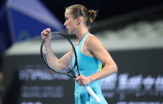Ukrainian Elina Svitolina celebrates during a tennis match between Ukrainian Svitolina and Belgian Minnnen, the second rubber in the tie between Belgium and Ukraine in the Quarter Finals of the Billie King Cup tournament, on Thursday 24 September 2026 in Shenzhen, China. VIRGINIExLEFOUR  x187647140x
