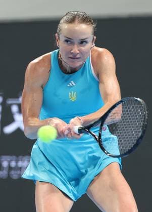 Ukrainian Elina Svitolina pictured in action during a tennis match between Ukrainian Svitolina and Belgian Minnnen, the second rubber in the tie between Belgium and Ukraine in the Quarter Finals of the Billie King Cup tournament, on Thursday 24 September 2026 in Shenzhen, China. VIRGINIExLEFOUR  x187647164x