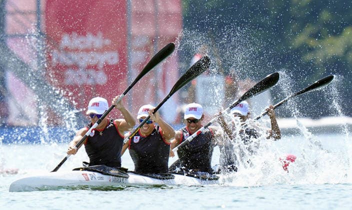 Aichi-Nagoya Asian Games: Canoe Sprint (from L) Japan s Masaya Tanaka, Akihiro Inoue, Ryuji Matsushiro and Yuito Sakai compete en route to winning the Aichi-Nagoya Asian Games men s kayak four 500 meter bronze at Miyoshi Lake Canoe Course in Miyoshi in Aichi prefecture, central Japan, on Sept. 24, 2026.  A14AA0005628488P