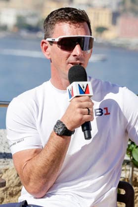 THE LOUIS VUITTON 38TH AMERICA™S CUP PRELIMINARY REGATTA, NAPLES Dylan Fletcher GB1 Helm During the press conference, PK, Pressekonferenz to present the teams at Castel dell™Ovo on 24 September 2026. _BPH3602 Copyright: xAntonioxBalascox