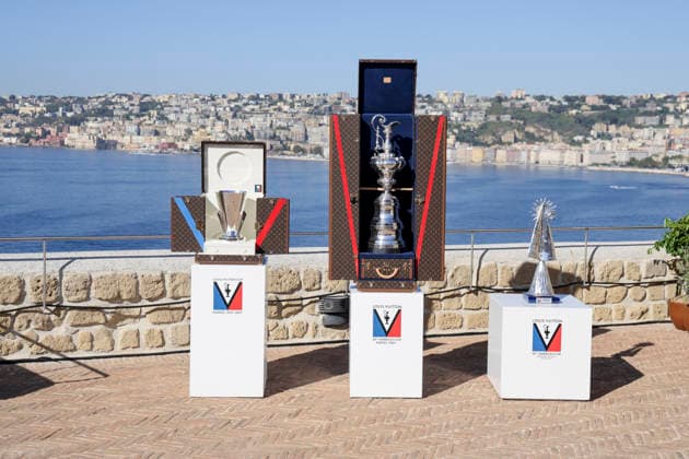 THE LOUIS VUITTON 38TH AMERICA™S CUP PRELIMINARY REGATTA, NAPLES the trophies of the Louis Vuitton Cup During the press conference, PK, Pressekonferenz to present the teams at Castel dell™Ovo on 24 September 2026. ABP19334 Copyright: xAntonioxBalascox