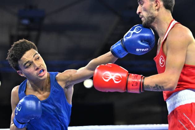 RECORD DATE NOT STATED 2026 European Boxing Elite Championship Sofia SOFIA, BULGARIA SEPTEMBER 24: Viacheslav Rogozin (Red) of Russia in action against Amin Mammadzada (Blue) of Azerbaijan during their Elite Men s 55kg Semifinal match at the 2026 European Boxing Elite Championships at the Asics Arena Sports Hall in Sofia, Bulgaria, on September 24, 2026. Sofia Bulgaria  Copyright: xArturxWidakx originalFilename:widak-2026euro260924_npfsN.jpg